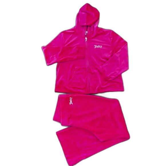 Juicy Couture Velour Tracksuit Set XXL/XL Hot Pink Hooded Y2K Rhinestone Bling - Picture 1 of 12